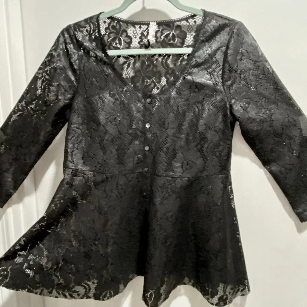 (5) Free People Y2K Dark Romantic Whimsigoth Boho Sheer Lace Peplum Layer Top S